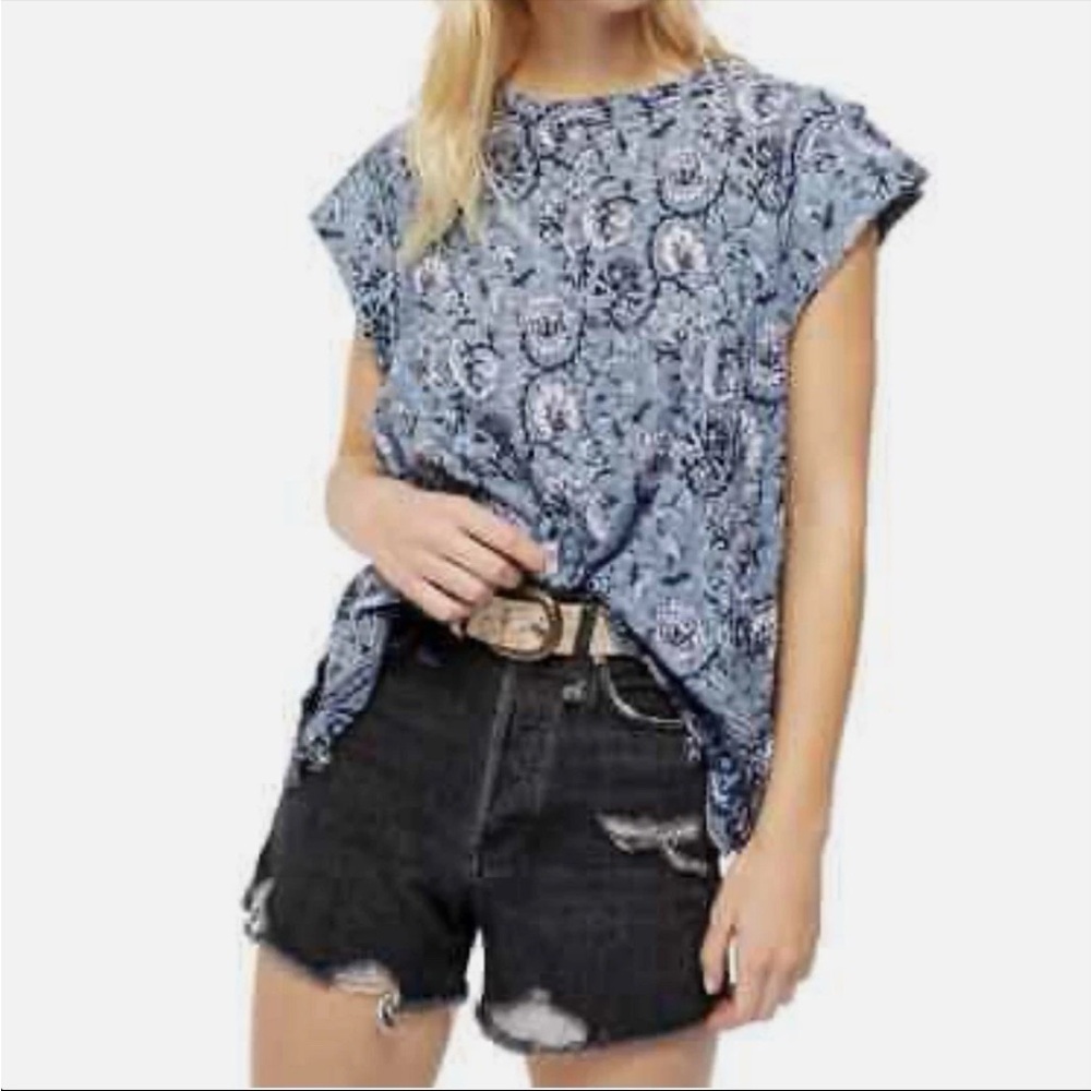 Free People High Tide‎ Dual Floral Print High/Low T-Shirt Blue Flowy Cotton